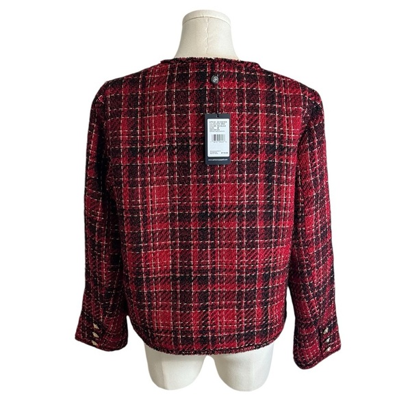ADRIANNA PAPELL Red Black‎ Tweed Jacket Blazer Gold Buttons Holiday Plaid Size M - Picture 2 of 7